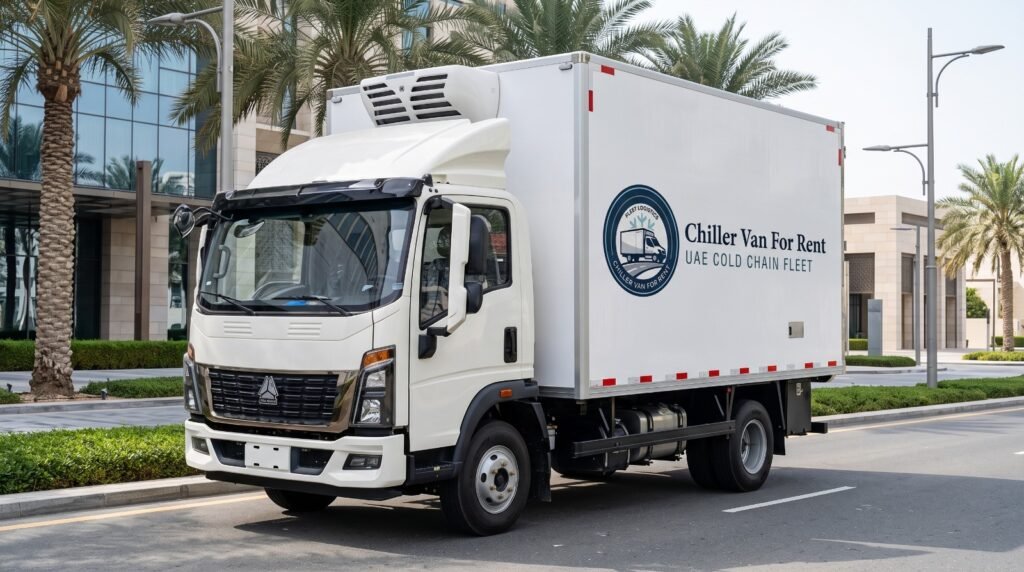Chiller truck rental Dubai – refrigerated chiller truck with driver ready for loading
