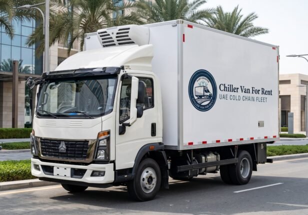Chiller truck rental Dubai – refrigerated chiller truck with driver ready for loading